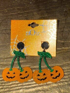Halloween cherry pumpkin jack-o-lantern dangling acrylic earrings